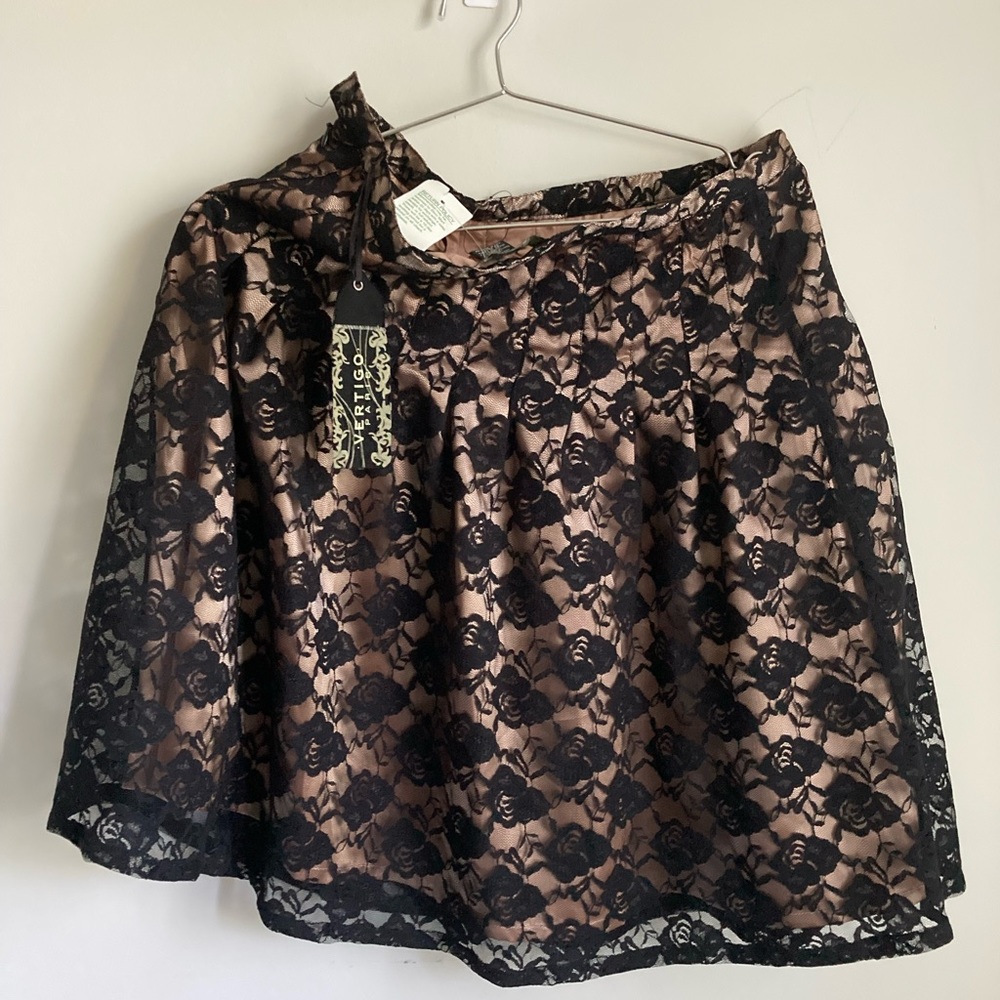 Vertigo Paris Black Lace Over Nude Flared Mini Skirt